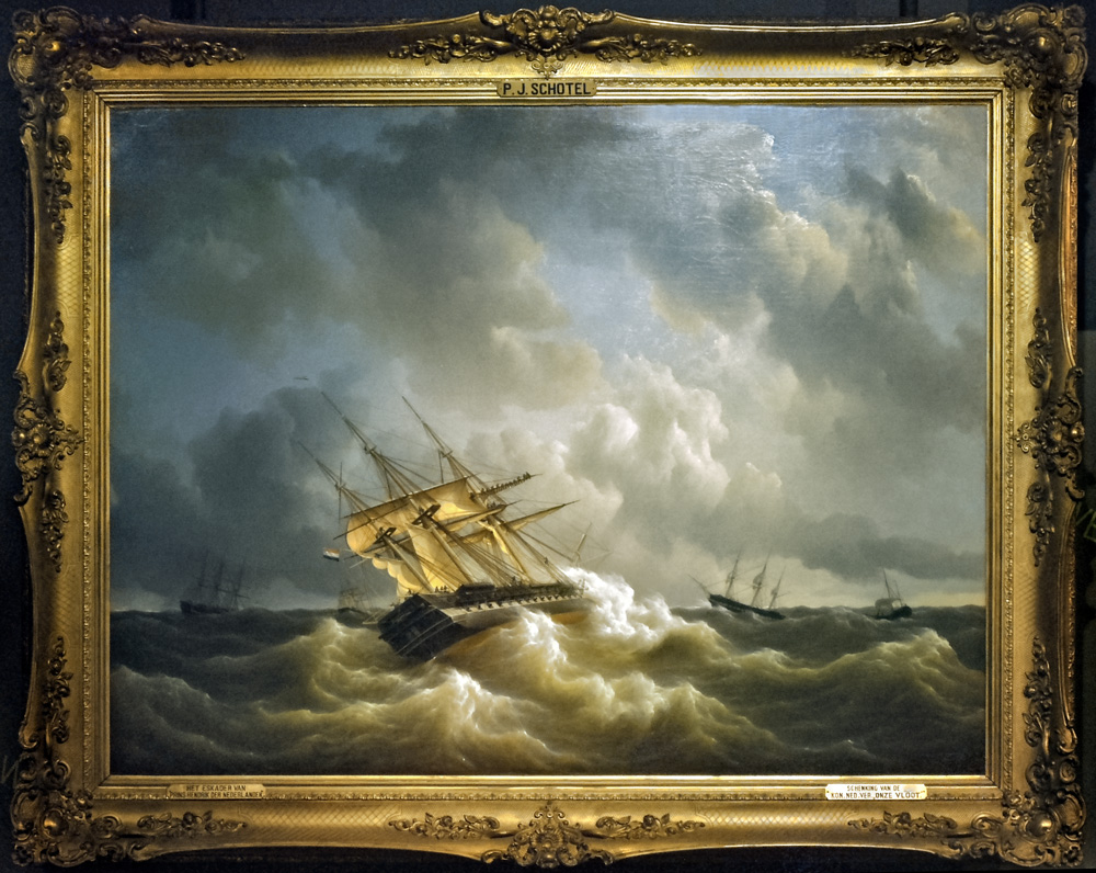 Het eskader van prins Hendrik der Nederlanden met slecht weer in het Kanaal, P.J. Schotel, 1843 